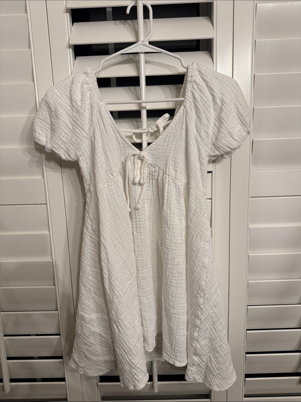 Blue Rain White Mini Dress with Puff Sleeves